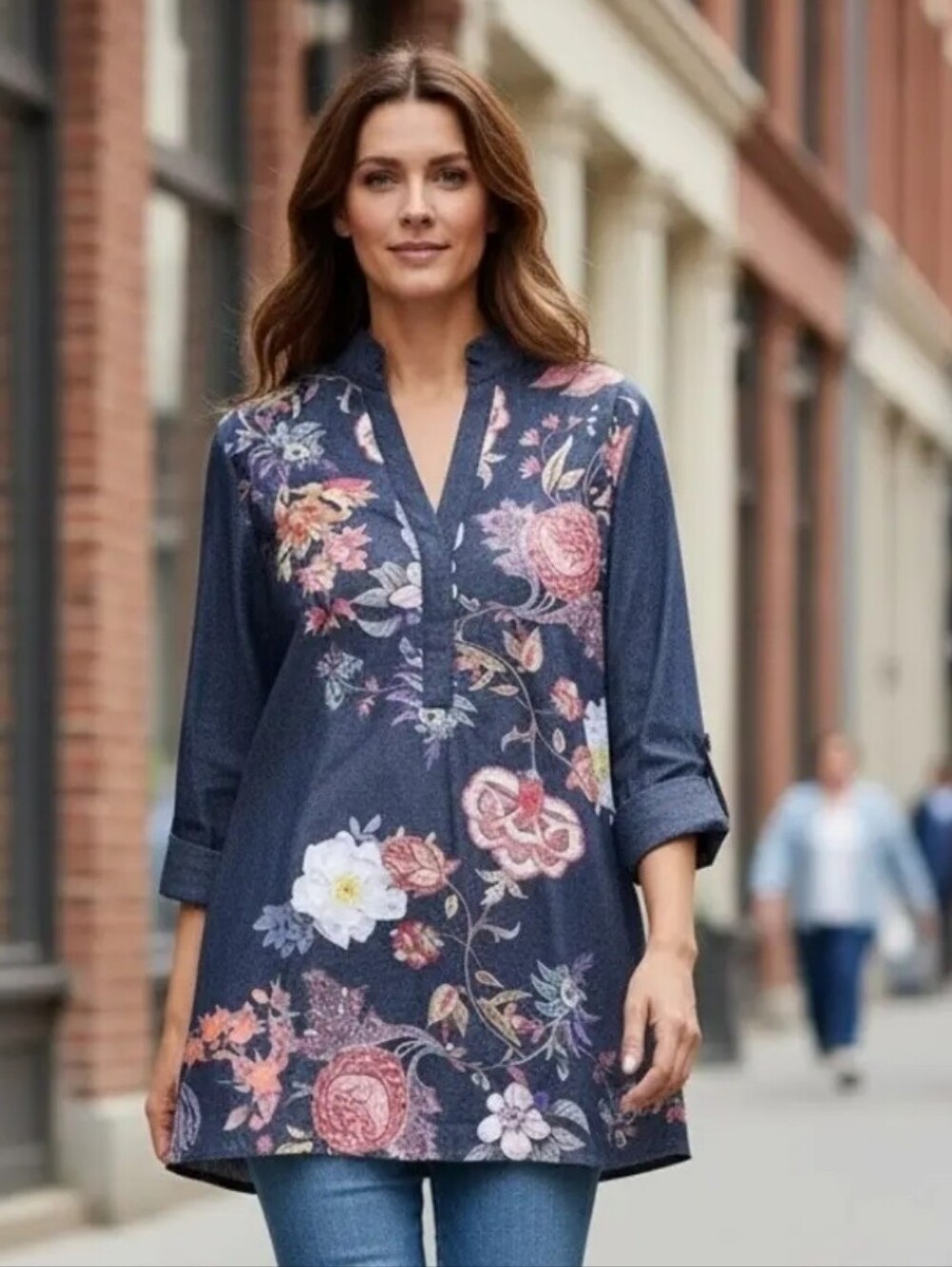 Chico's Floral V-Neck Tunic in Navy with Pink & Cream Blooms